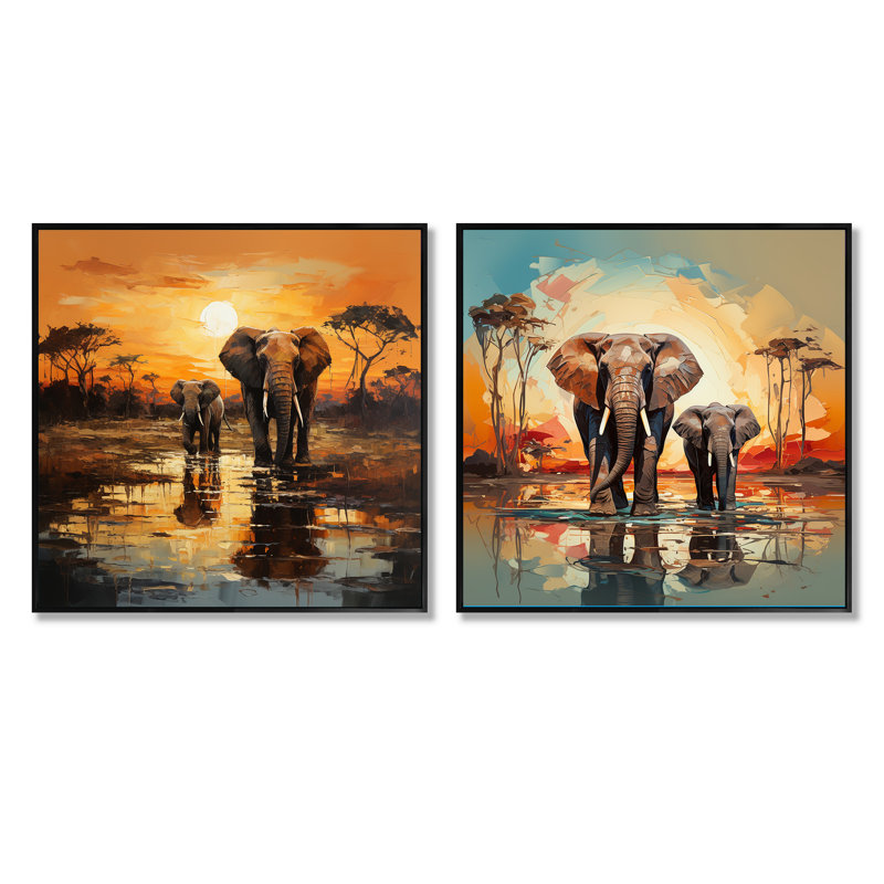 Éléphants d'Afrique gracieux en mouvement - Ensemble d'éléphants animaux, Cadre flottant noir, H 16 po x l 33 po