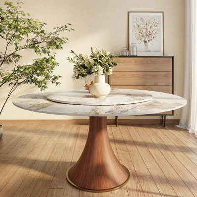 Farmhouse Glossy Sintered Stone Round Dining Table With Removable Lazy Susan Solid Wood Pedestal Base by Wrought Studio