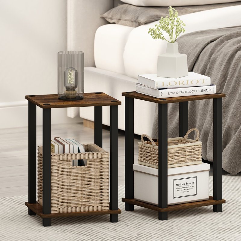 17 Stories Ambrosine Compact Bedside Table, Nightstand, Set of 2, Amber Pine, Black