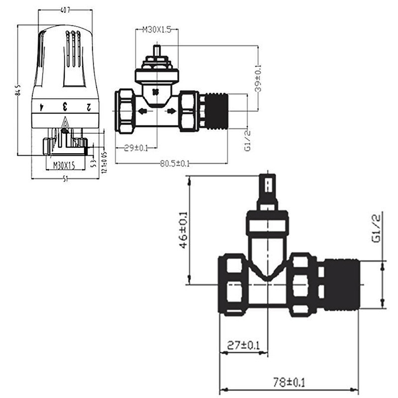 Straight Thermostatic Valve And Manual Radiator Valve For Heated Towel Rail Radiator, White