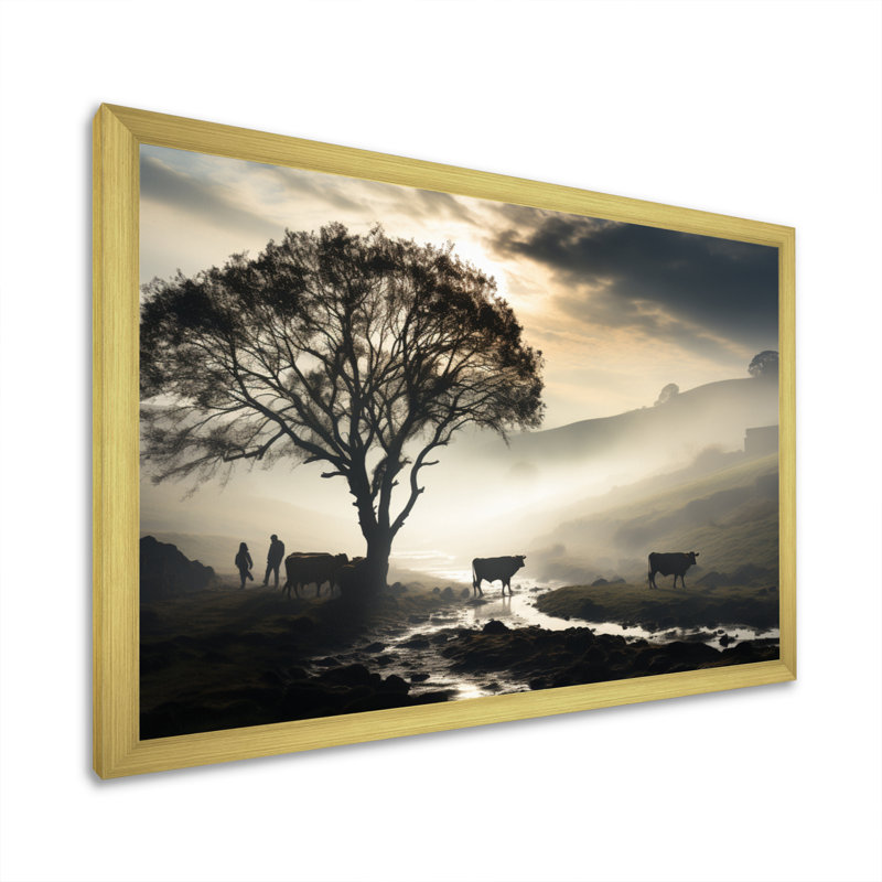 " Cattle Ethereal Grazing II " by Designart, 16" H x 32" W x 1" D, Gold Picture Framed