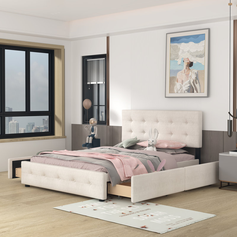 Upholstered Platform Storage Bed, Beige