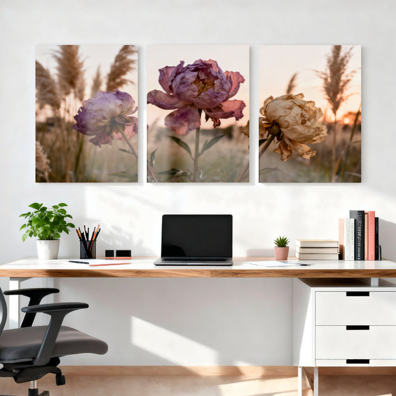 Ensemble de 3 tableaux sur toile tendue représentant des pivoines au coucher du soleil dans un champ, H 24 po x l 48 po