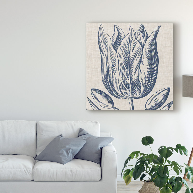 «Indigo Floral on Linen VI» par Vision Studio - reproduction de dessin sur toile, H 18 po x l 18 po x P 2 po