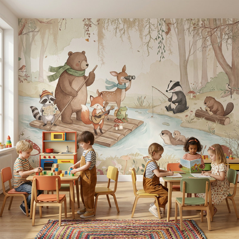 Papier peint fantaisiste, rivière, animaux, rivière, 100"x96", Peler et coller