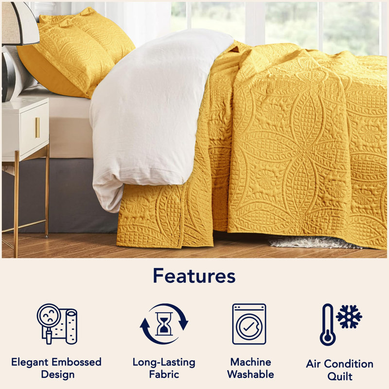Couvre-lit matelassé à pièces, grand lit/queen – Literie réversible ultra douce, confort toutes saisons, couette légère surdimensionnée avec 2 taies d'oreiller (ocre)