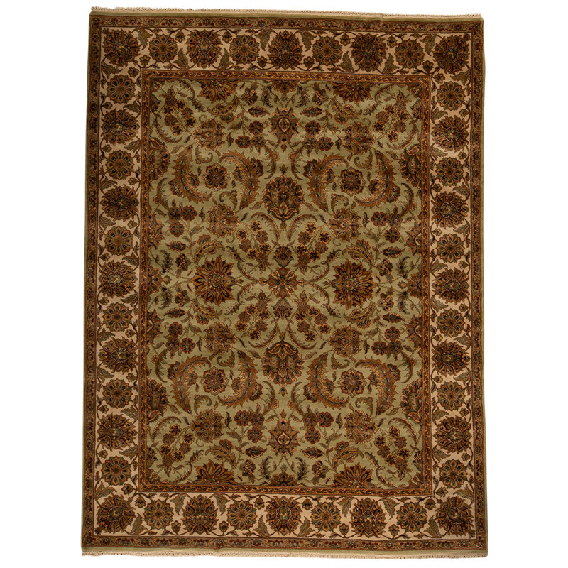 Tapis vert clair / ivoire / brun noué à la main de haute qualité
