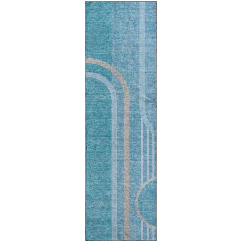 Premium Machine Washable Cerrito AMF532 Teal Rug, Runner 2'3" x 7'6"