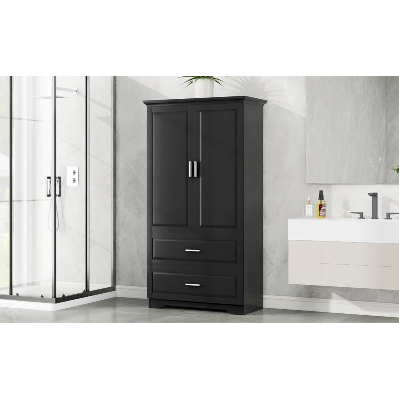 Armoire de salle de bain haute avec armoire à linge autoportante avec 2 portes et tiroirs avec tablette réglable 