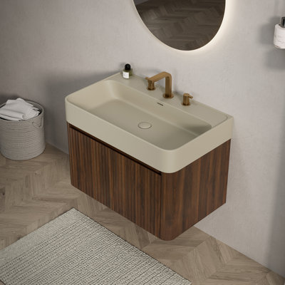 Meuble-lavabo suspendu de 76 cm avec lavabo, armoire de rangement murale, lavabo intégré en surface solide beige crème chaude, 3 trous pré-percés pour robinetterie, portes à fermeture amortie, armoire en bois de noyer