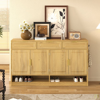 Farmhouse Sideboard With 3 Drawers & 4 Doors,59.1" Multi-Functional Storage Buffet With Adjustable Shelf And Open Storage Compartments, Suitable For Dining Room, Living Room, Entryway