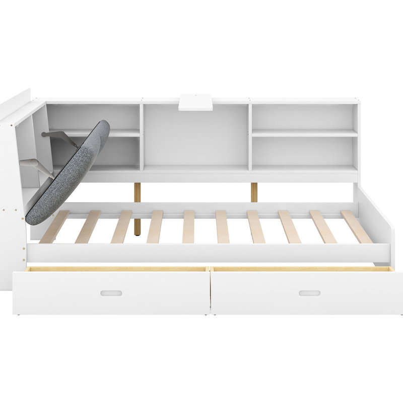 Lit plateforme simple en bois avec rangement pour tête de lit, 2 tiroirs, tablettes blanches pour tête de lit chambre à coucher, tablettes et rangement - Choice
