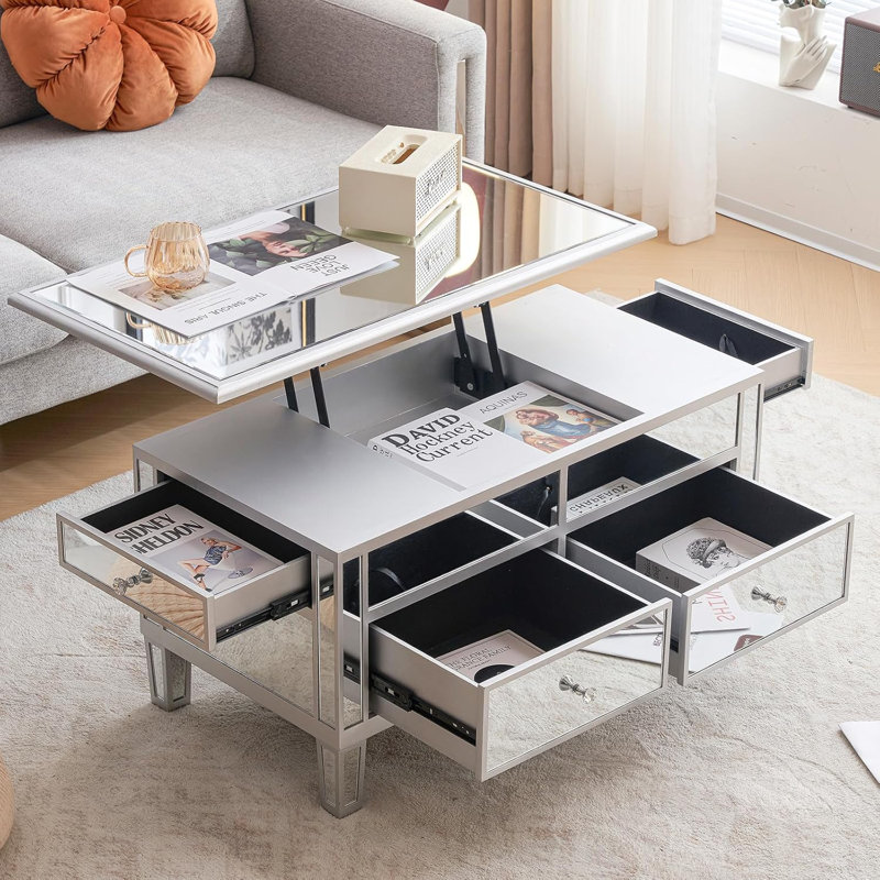 Table basse à plateau relevable en miroir avec tiroirs
