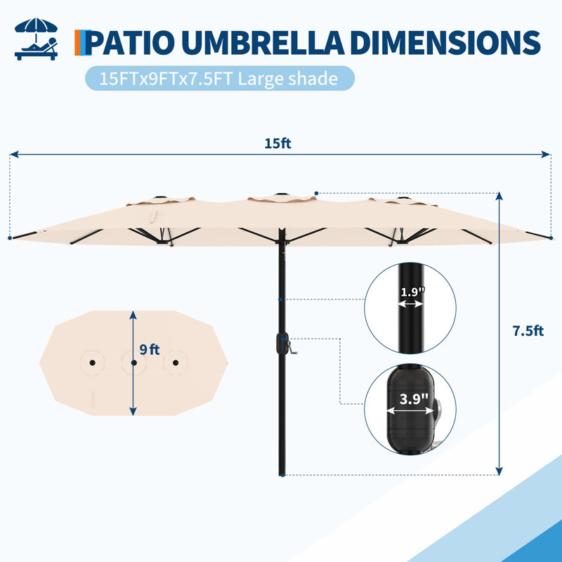 Parasol rectangulaire à double face de 15 pieds, imperméable et coupe-vent, 12 nervures, protection UV - idéal pour la terrasse, la piscine, le jardin, la cour arrière (sans base)