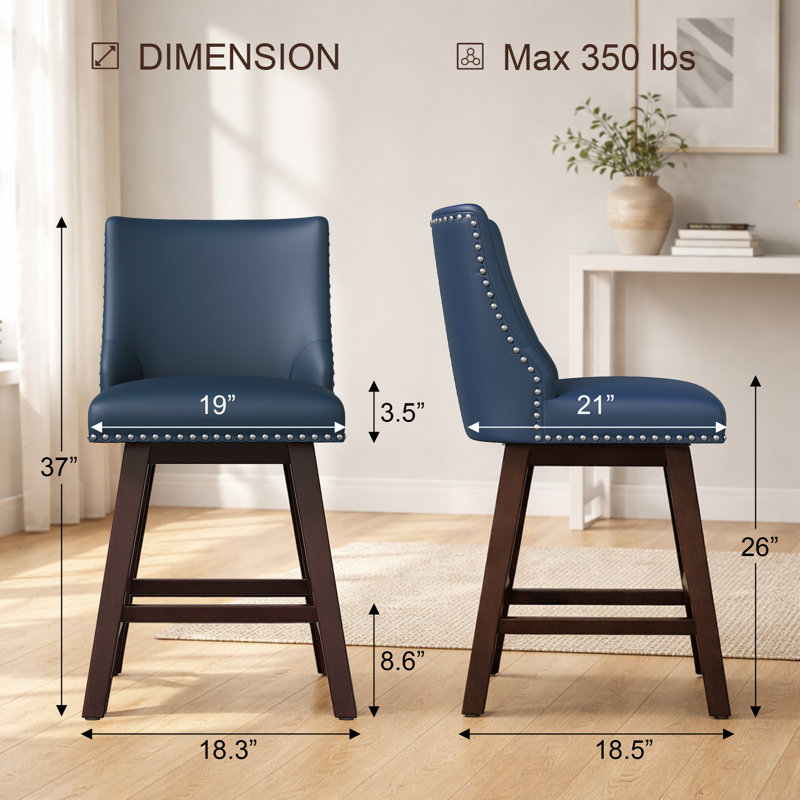 26" Swivel Counter Bar Stools Set of 2, Counter barstools with Wood Frames, Dark Blue Faux Leather, 2, Blue