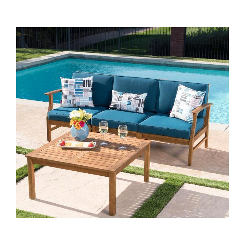 Perla 3 Seater Sofa And Table Set, Blue, Natural Wood