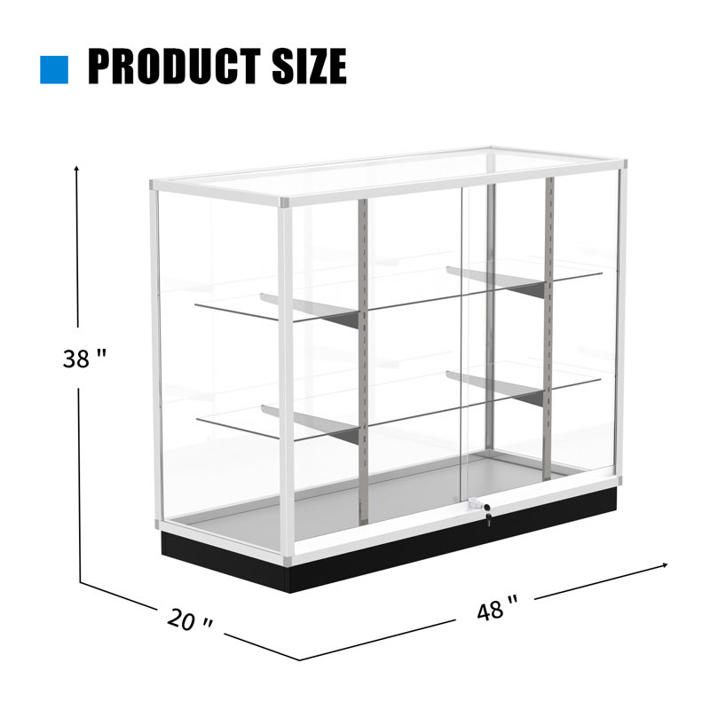 48”D * 20”W * 38”H - Retail Full Vision Showcase - Glass Display Case With Silvery Aluminum Frame And Led Lights