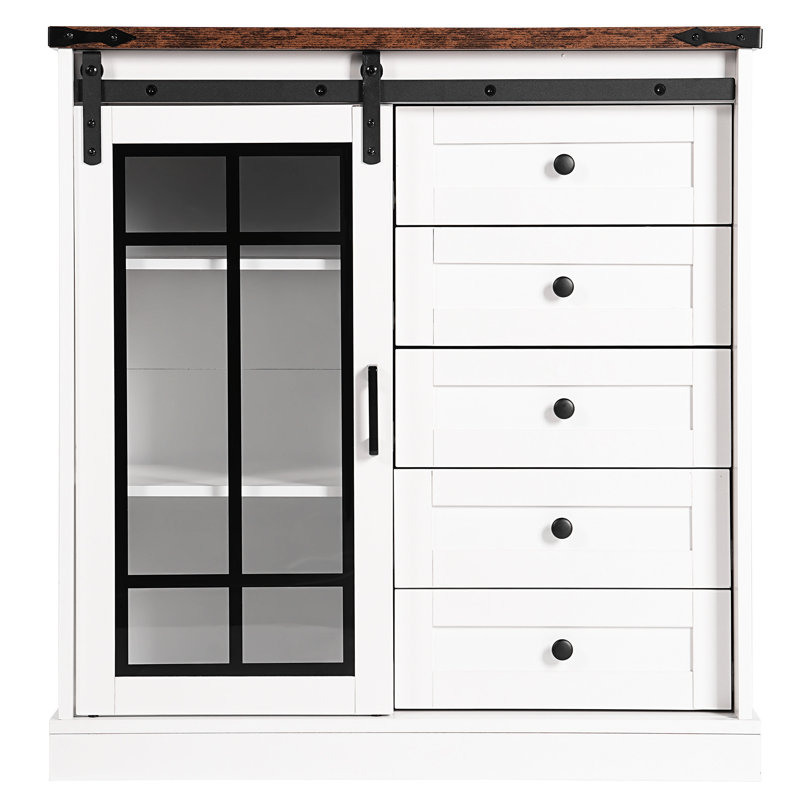 Unité de rangement autoportante pour chambre à coucher, DEL intégrée 7 couleurs, 5 tiroirs, 2 tablettes réglables, armoire de rangement blanche et noyer foncé