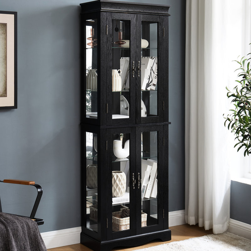 Lighted Black Wood - Framed Glass Storage With Hinge, Adjustable Shelves, Six Tier Layout For In Pantry, Cabinet Structure, Movable Partition And Collectible Display Home