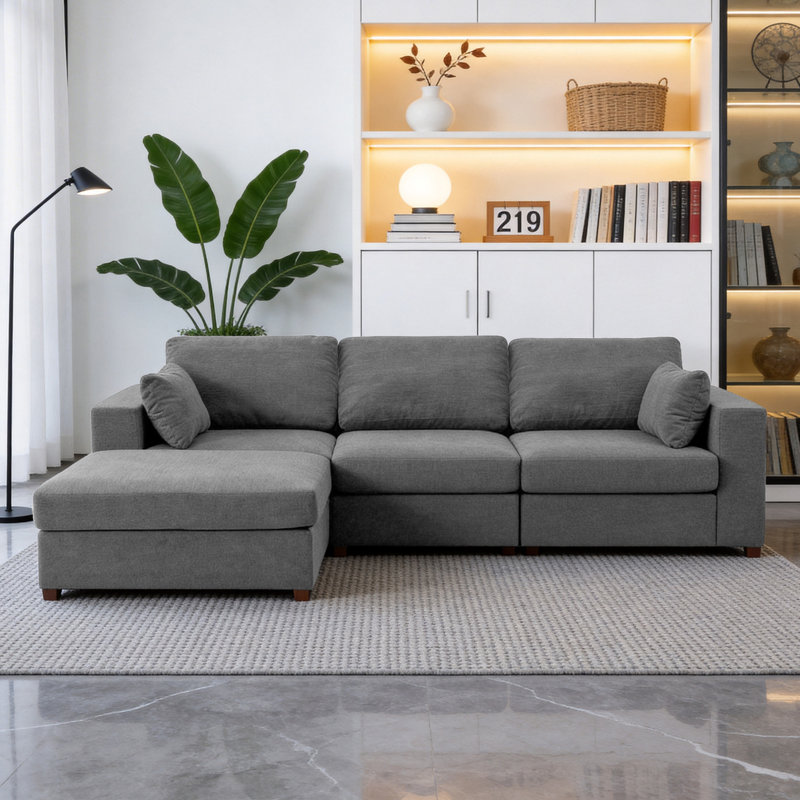 Canapé d'angle rembourré avec 1 repose-pieds, Chenille gris pâle, H 26 po x l 113,3 po x P 37,8 po