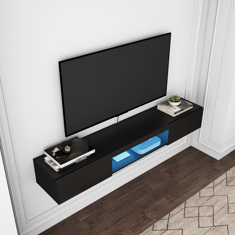 Tablette de montage pour téléviseur 65 po Alishia avec lumières à DEL et disposition spacieuse - support brun éclairant amplement d'espace mural