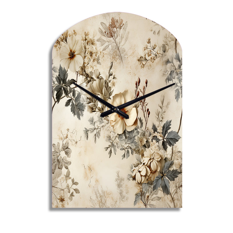 Charme de maison de campagne rétro beige floral - grande horloge murale beige en forme d'arche - forme unique, Moyenne