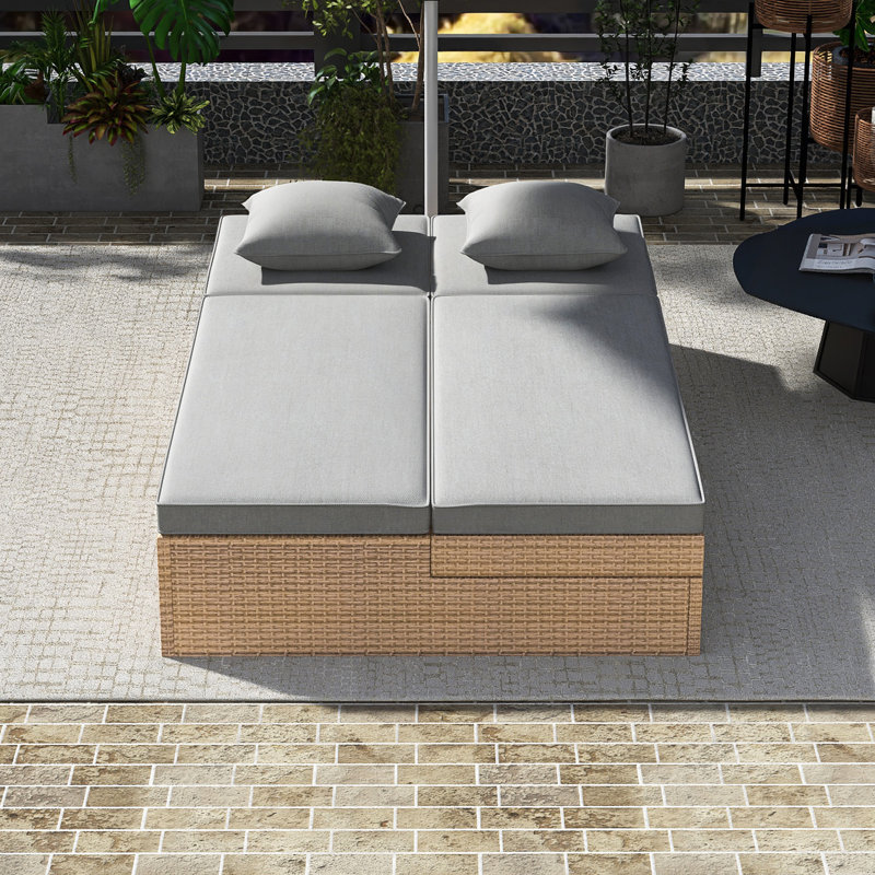 Outdoor Double Sunbed |Wicker Rattan Patio Reclining Chairs |Adjustable Backrest And Seat|Practical Cup Tray On Both Sides|Conversational Set For 2 Person