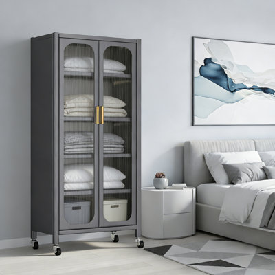 Tall Metal Kitchen Storage Cabinet with Glass Doors, Adjustable Shelves, and Lockable Wheels