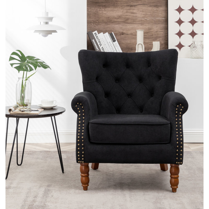 Fauteuil à oreilles en polyester capitonné de 29 po de large Jacquelyn, 100 % polyester noir