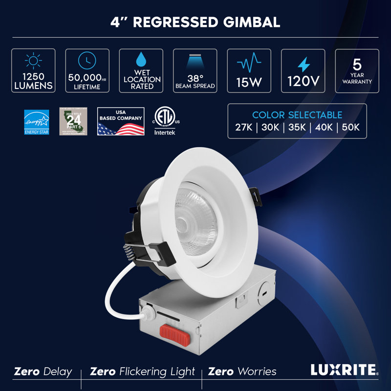 Luxrite 4 po Lumière DEL à cardan régressé, 5CCT 2700K-5000K, 15W, 1250LM, projecteur de plafond rotatif à 360º + 30º, à intensité variable, CRI90, classé IC, répertorié ETL