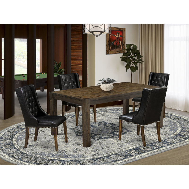 Ensemble de table de salle à manger 5 pièces moderne comprenant une table rectangulaire en bois rustique et 4 chaises rembourrées en similicuir noir
