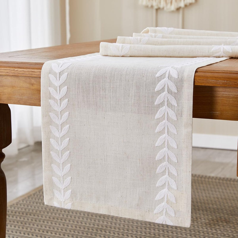 Chemin de table - blanc - motif de feuilles de saule irrégulières pour commode, table de salle à manger et décoration intérieure