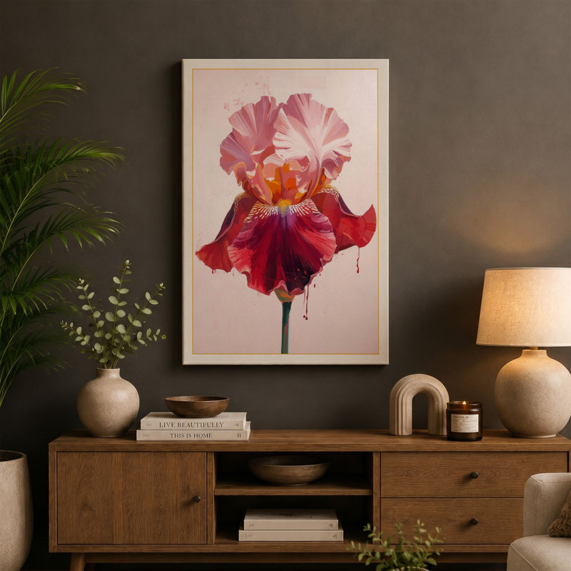 Crimson Iris Botanical - Wrapped Canvas, 36x24 - 91.4 x 61.0 cm, Sage Border