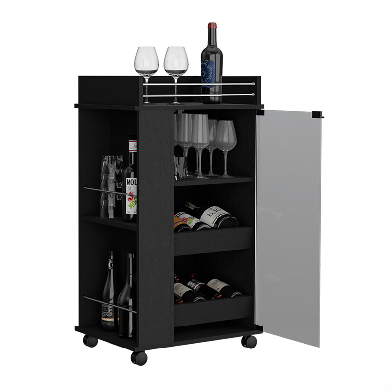 Bar Cart With Casters, Glass Door And 2-Side Shelf, Black