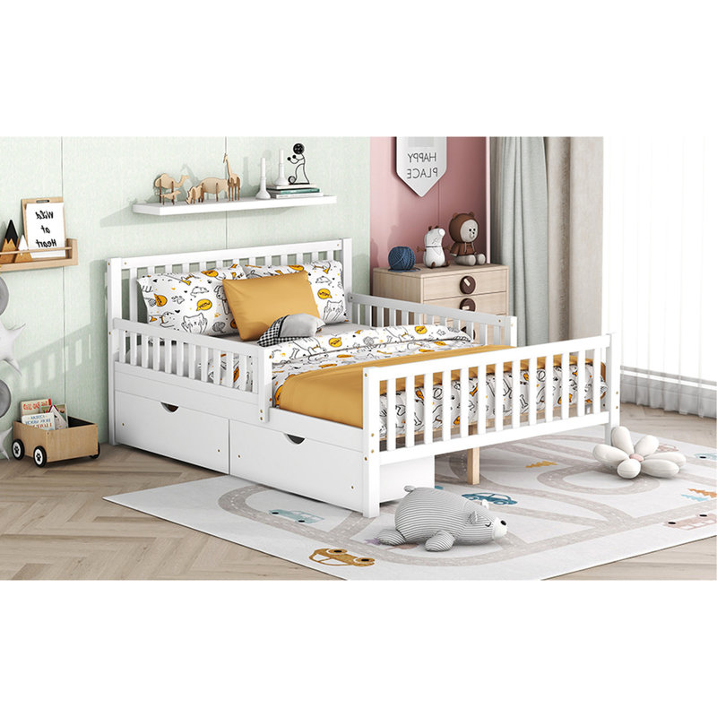 Lit plateforme double en bois blanc avec garde-corps et deux options de rangement pour une chambre fonctionnelle