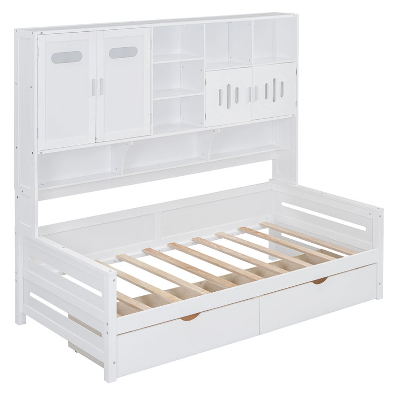 Lit de jour en bois avec 2 tiroirs, armoire et tablette tout-en-un, Lit simple, Blanc