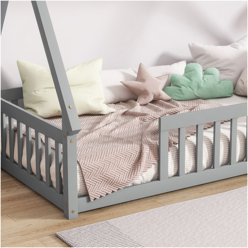 Lit simple en forme de tente, lit avec garde-corps, lattes,, Gris