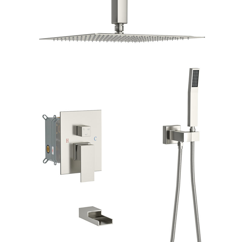 Shower System With Waterfall Tub Spout - 12 Inch Ceiling Mount Brushed Nickel 3 Function, Rainfall & Handheld Valve Rapid And Effortless Installation Clean
