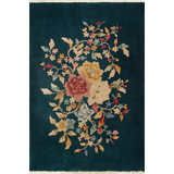 Green Color Large Floral Pattern Antique Small Scatter Size Chinese Art Deco Wool Rug