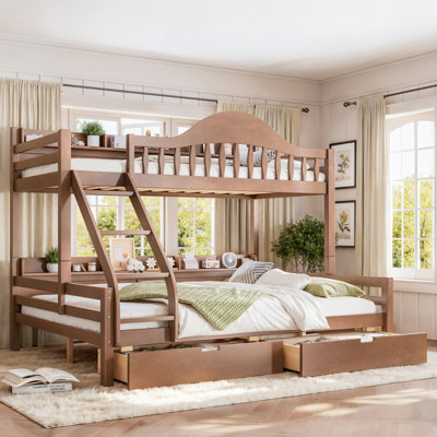Lit superposé Serenity Twin XL/Queen pour enfants avec tiroirs de rangement et barrière de sécurité incurvée