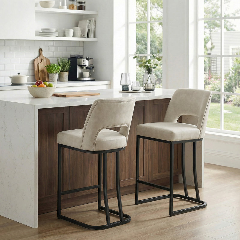 Faux Leather Sled Base Counter Stools with Ergonomic Back - Set of 2, Beige