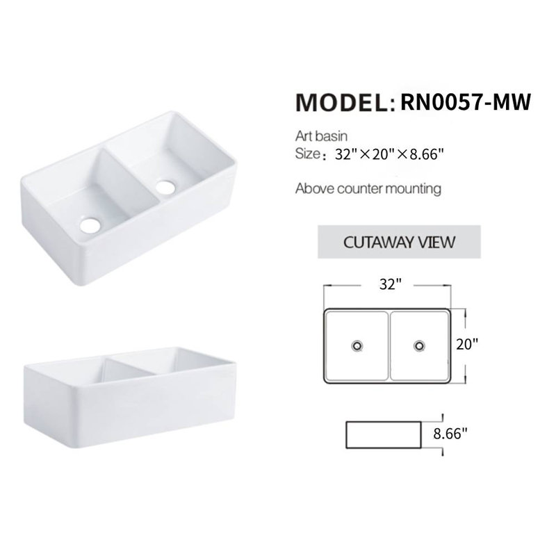 32.28'' L Double Bowl Fireclay Kitchen Sink