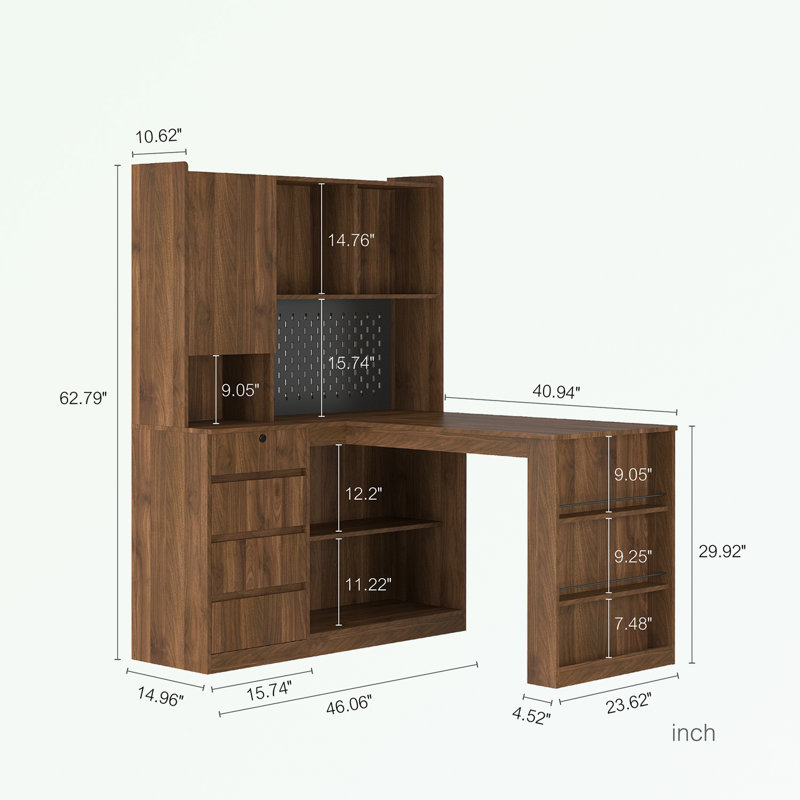 L Shaped Desk with Charger, Drawers and LED Light, Walnut