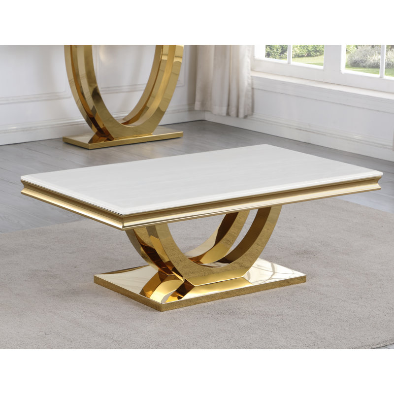 Rectangular White Marble Coffee Table with Gold Metal Base
