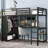 Extra-Long Twin Loft Bed Frame, Dorm Small Bedroom Multi-Functional Station, Classic Black Metal with Built-in Work Desk Wardrobe and Storage Shelves