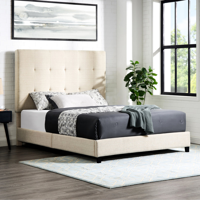 Queen Size Platform Bed With Cover And Side Rails Transitional Fabric