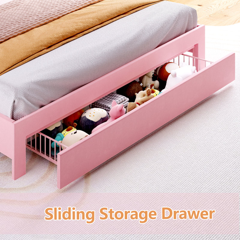 Bed Frame with Storage and LED Lights Charging Station, Velvet Upholstered Girl Bed with Drawer, No Box Spring Needed, Easy Assemble