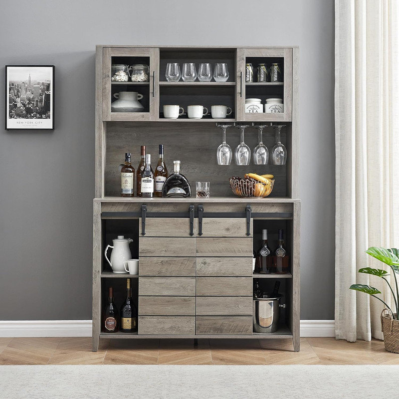 Armoire-bar 70 po avec porte de grange coulissante, porte-bouteilles et porte-verre, rangement de cuisine rustique, Gris