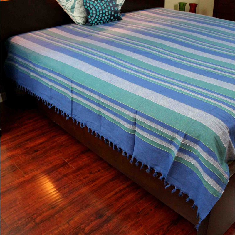 100% Cotton Striped Flat Sheet, Blue/Green/Light Blue
