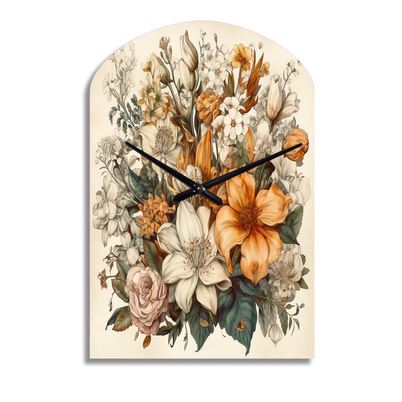 Crème et fleurs oranges, Bouquet d'interprétations I - Horloge murale en métal Bouquet, Grand